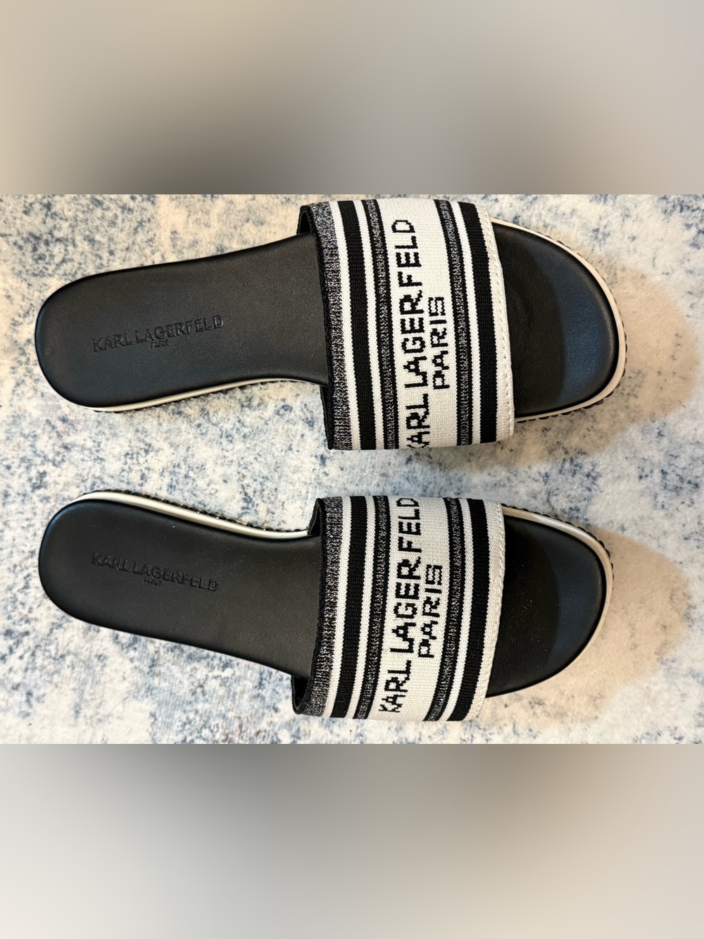 Karl Lagerfeld Black and White Logo Tape Slide Sandals